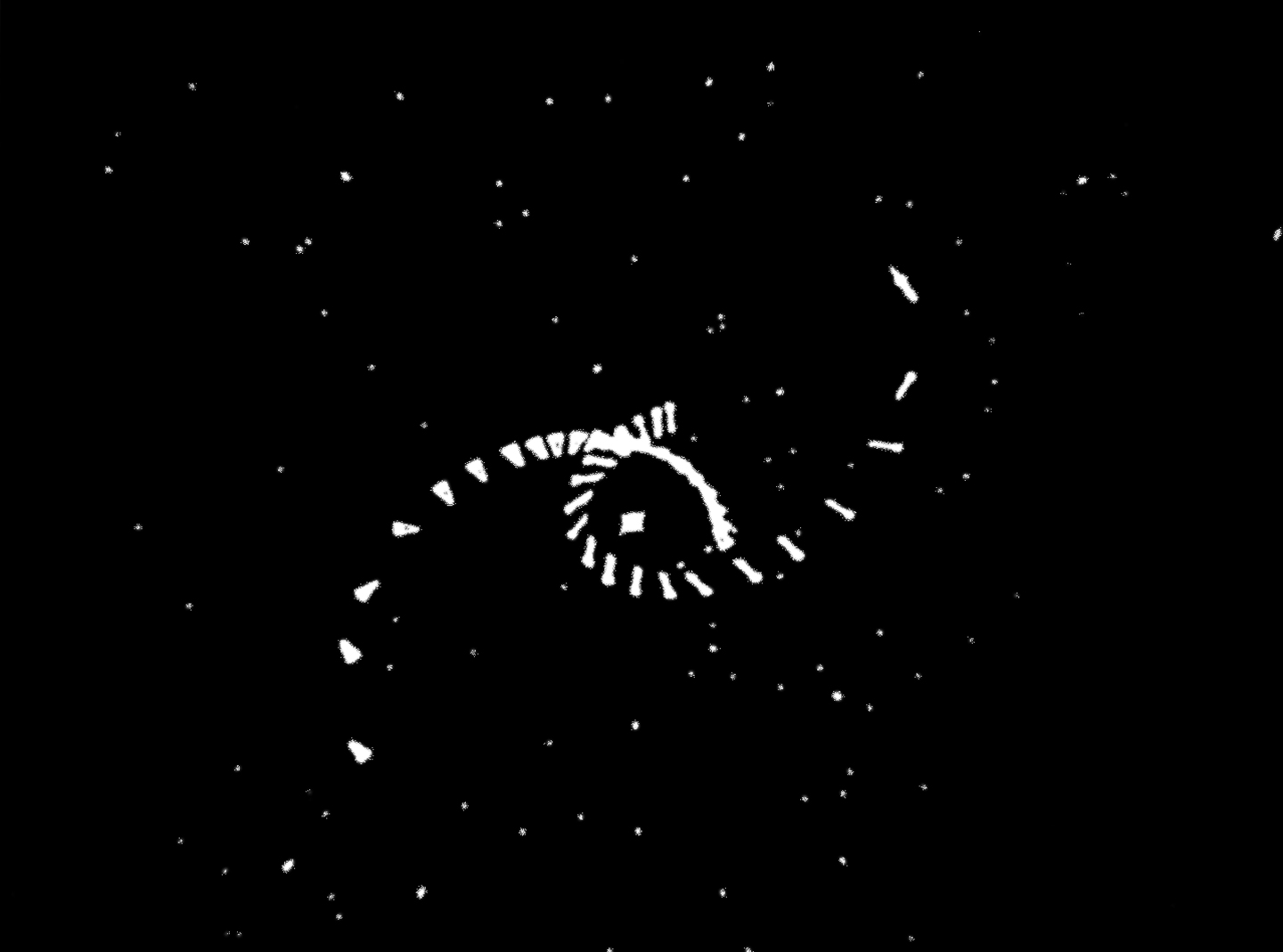 A timelapse screencapture of the game <em>Spacewar!</em> (1969) being played on the PDP-1 monitor.